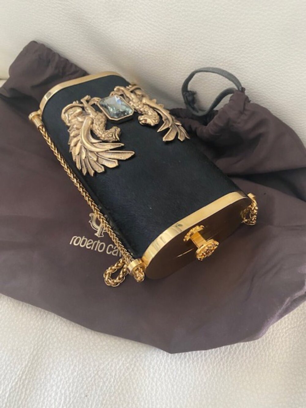 RARE ROBERTO CAVALLI DEA EMBELLISHED PONY-SKIN CLUTCH BLACK/GOLD TWIN GRIFFINS - Picture 4 of 9